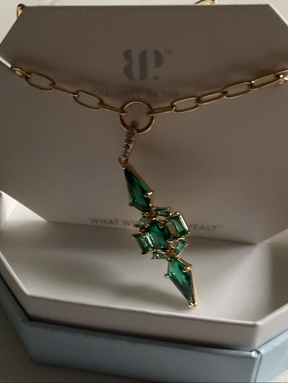 bp Gold-Tone Necklace with Green Crystal Cluster Pendant